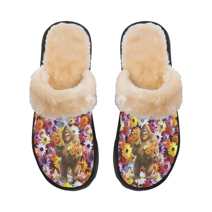 Bigfoot / Sasquatch with flowers, Women’s Plush, Fluffy Slippers