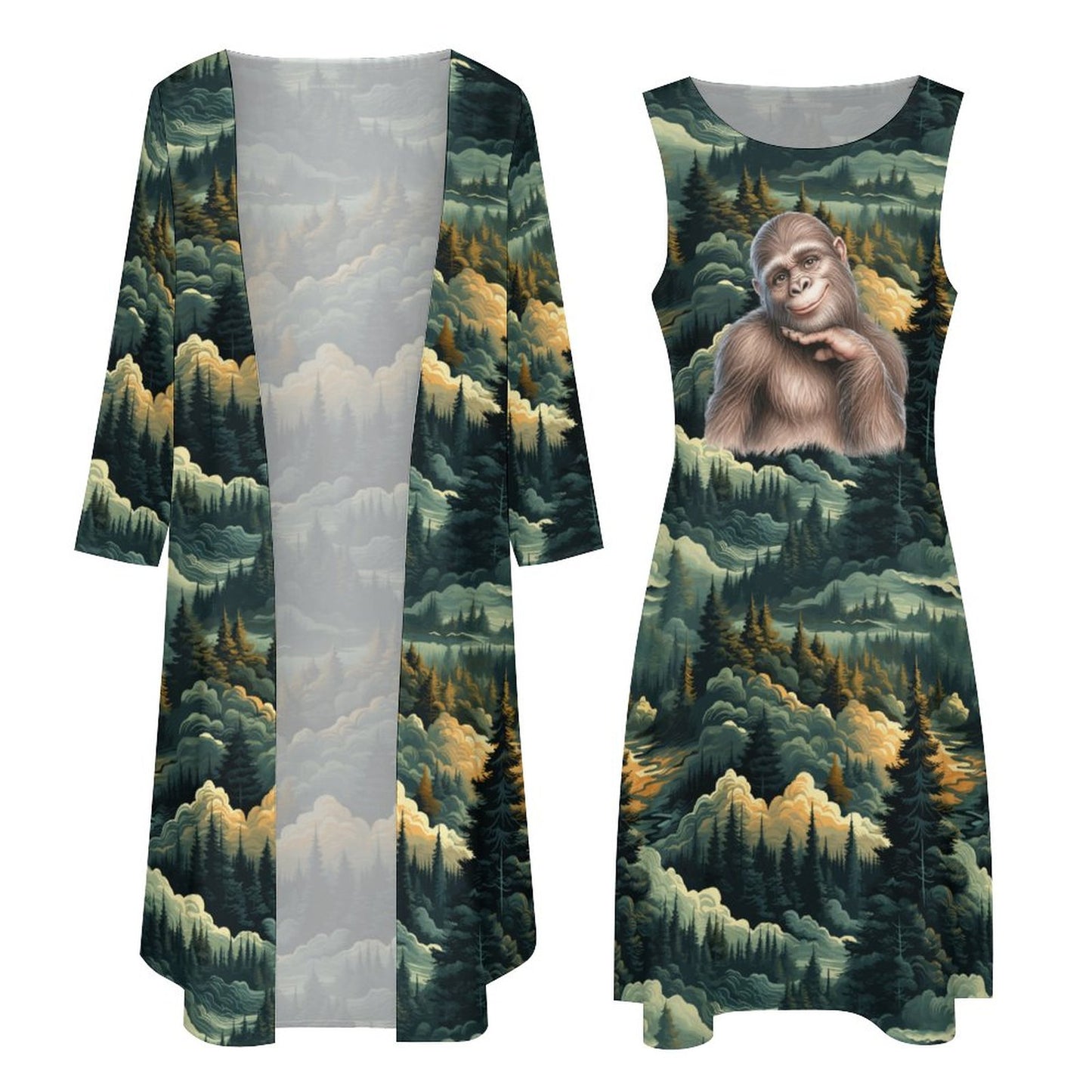 Gal Sasquatch in Woods, Women’s Long Dress with Cardigan
