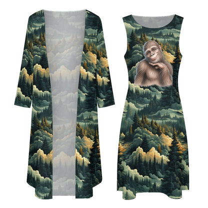 Gal Sasquatch in Woods, Women’s Long Dress with Cardigan