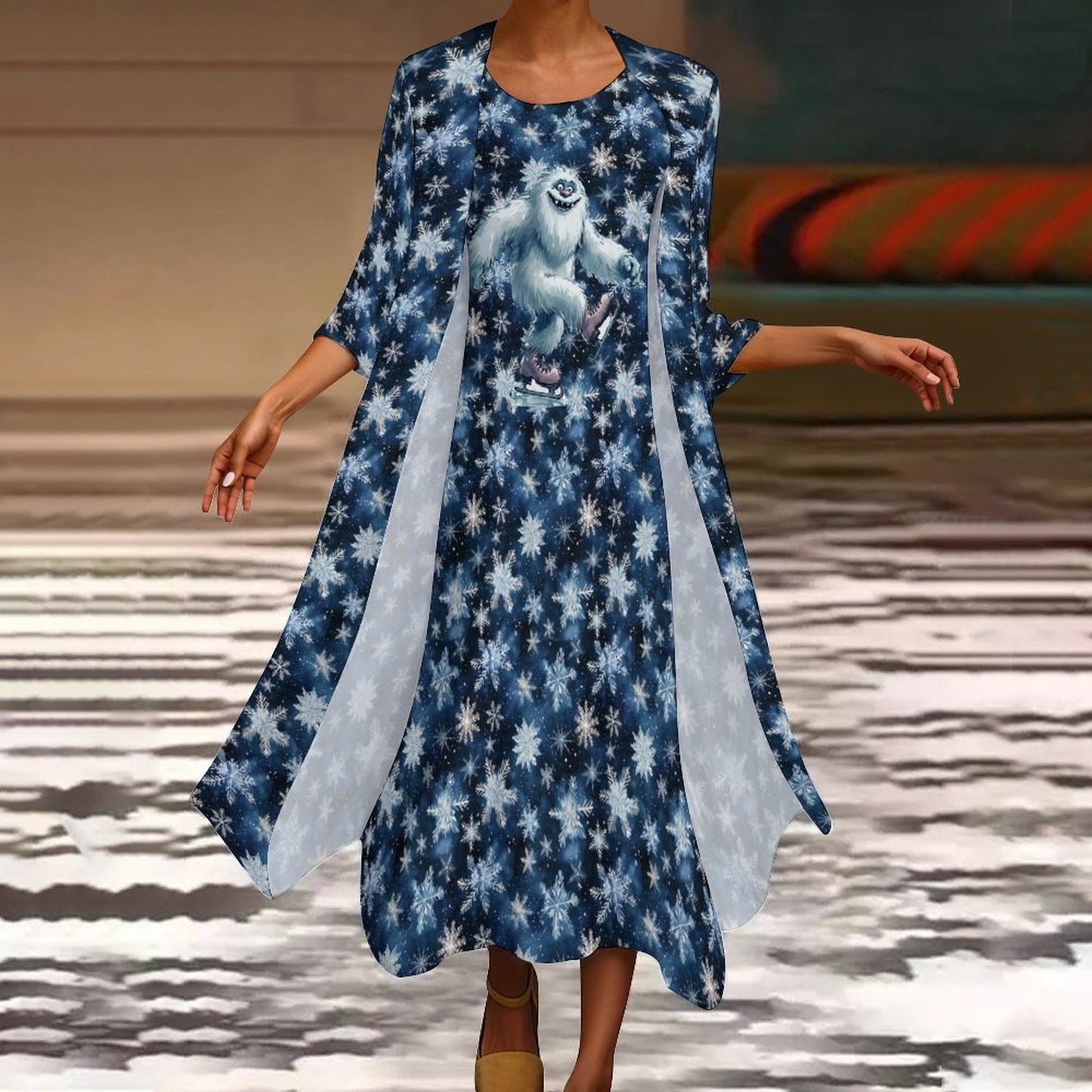 Fun Yeti on Snowflakes, Women’s Long Dress with Cardigan