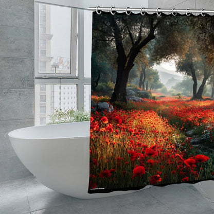 Poppies in Forest Waterproof Polyester Shower Curtain – Made in the USA – 70.8x70.8”