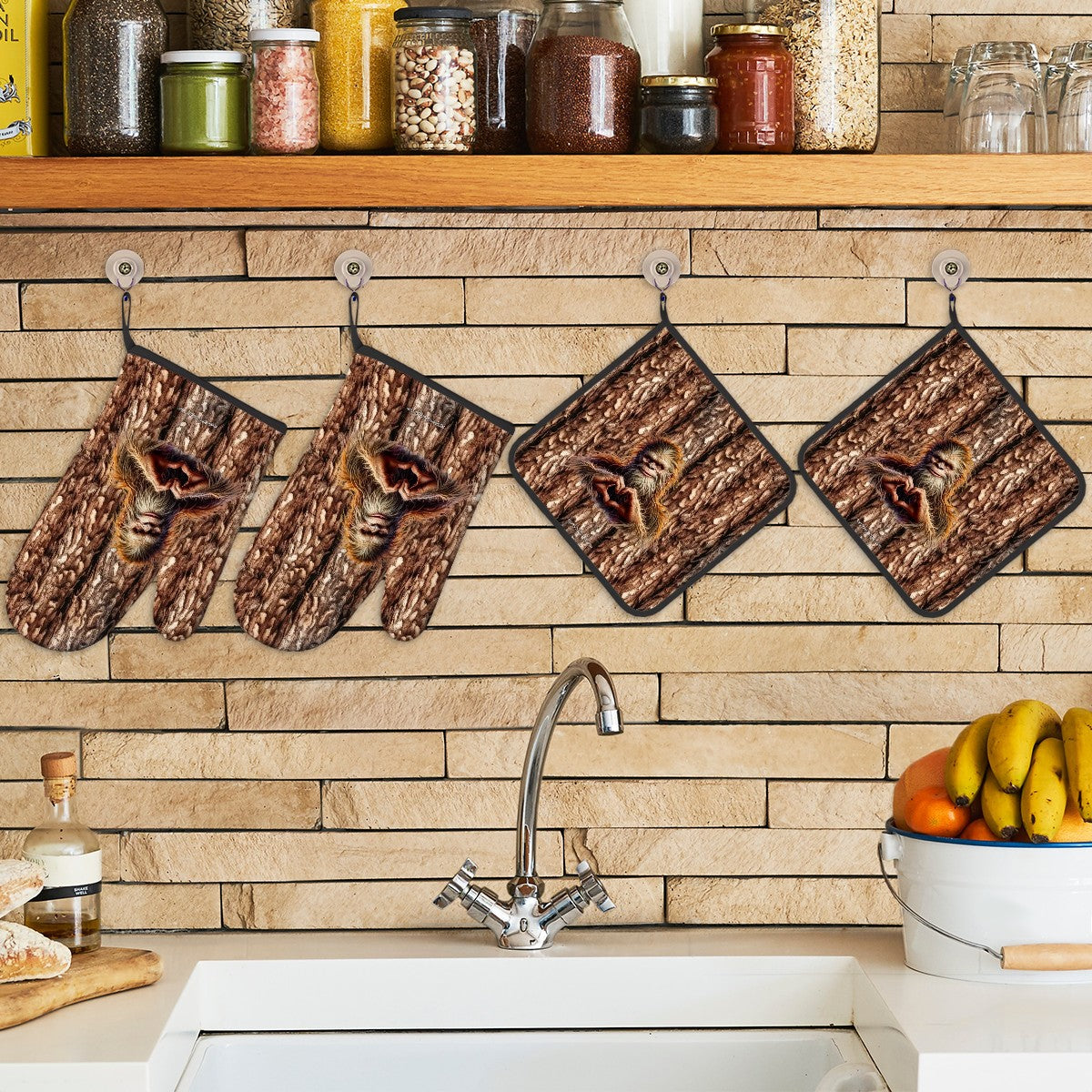 Bigfoot Sasquatch Heart Hands, Set of 4 Oven Mitts / Hot Pads