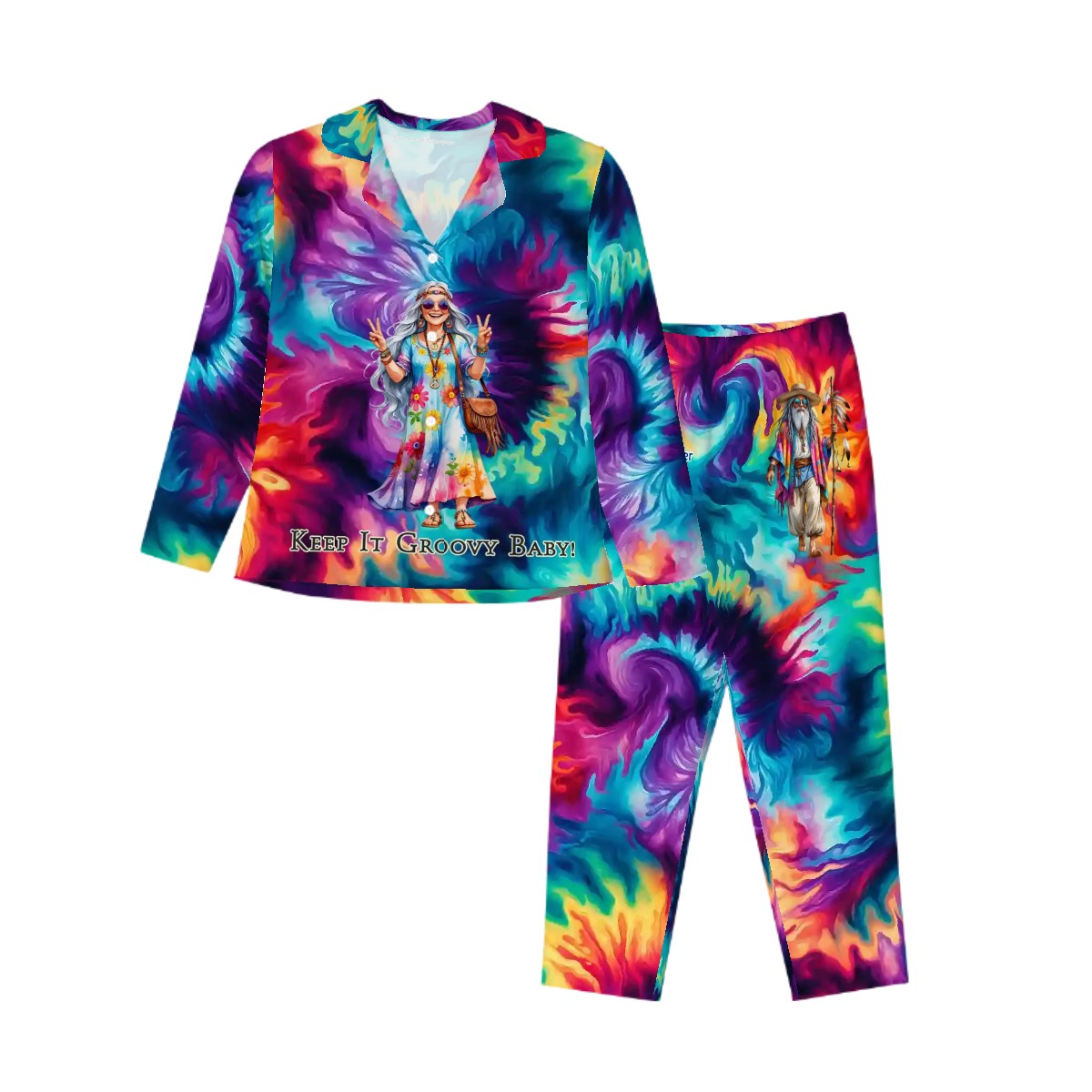 Hippie Couple on Tie Dye, Women’s Long Sleeved Pajama Set