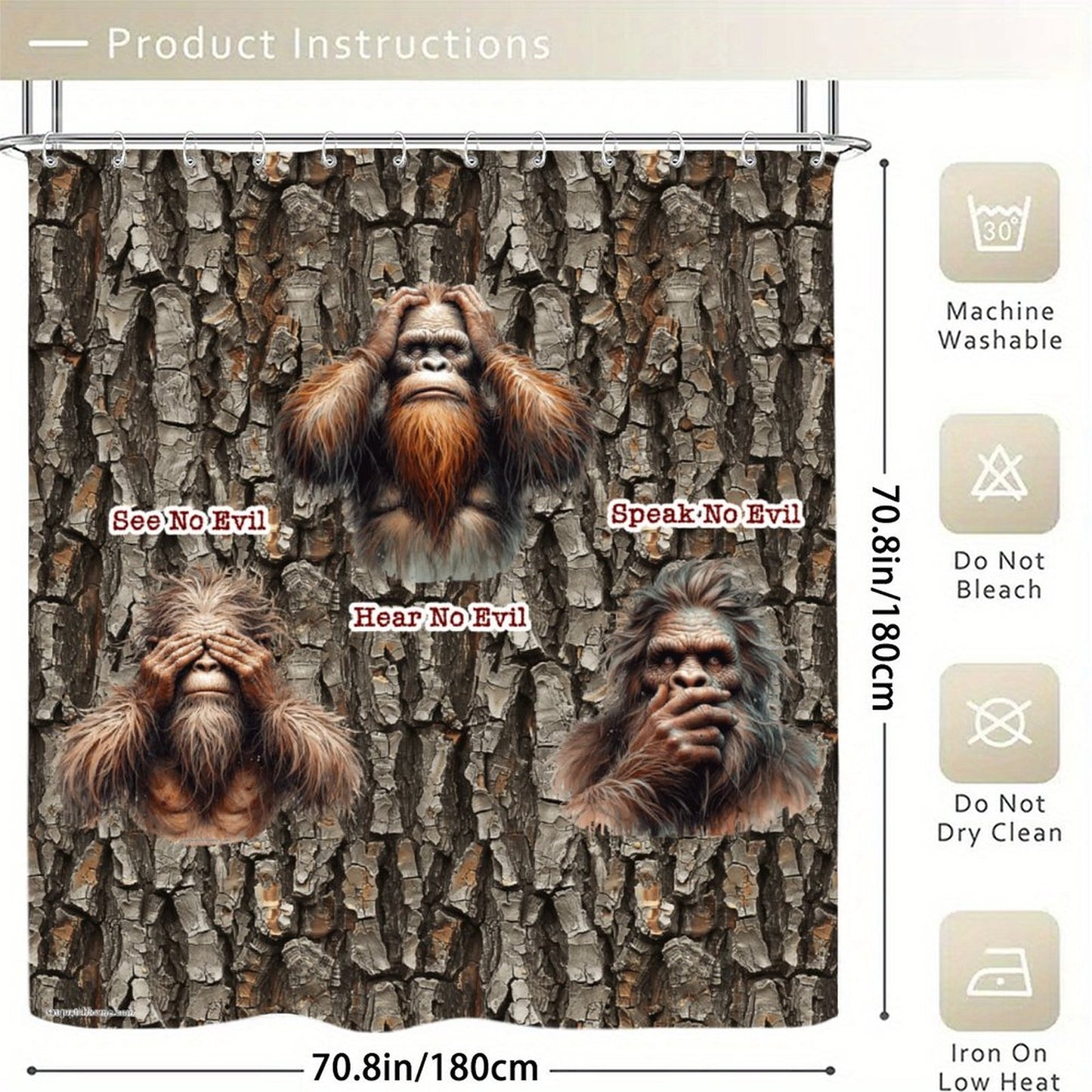 Bigfoot Sasquatch "See no evil..", Waterproof Polyester Shower Curtain – Made in the USA – 70.8x70.8”