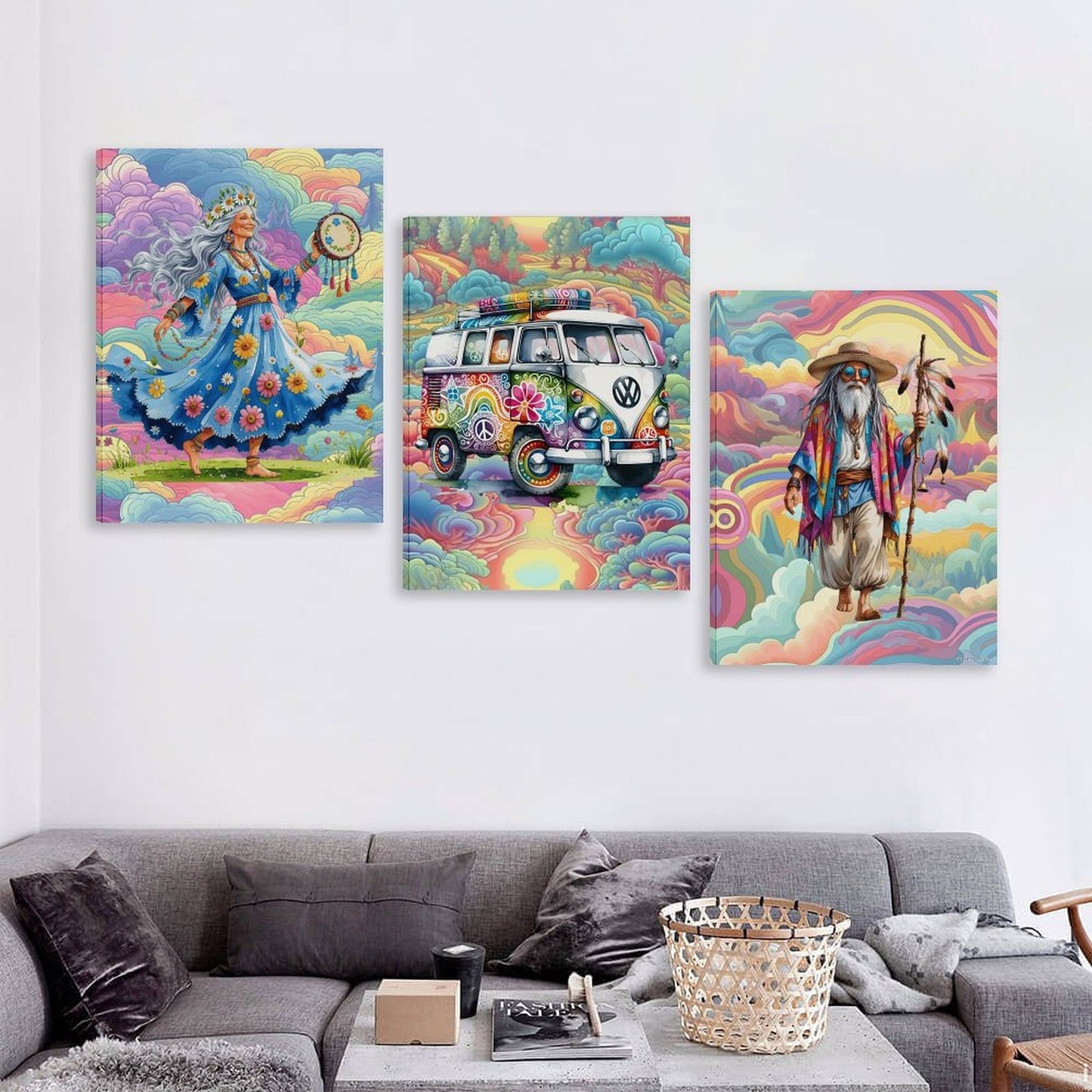 Groovy Hippies, Canvas Wall Art - 12”x 16” or 18”x24” (x 3) - Made In USA