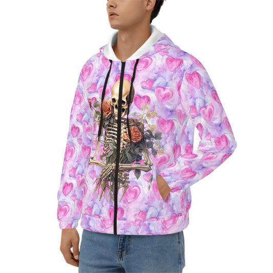 Skulls & Roses on Hearts, Adult Zip Up Hoodie