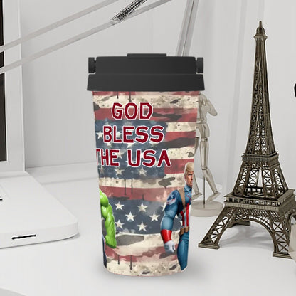Donald Trump Superhero "God bless..",  17 oz Insulated Coffee Mug with Lid & Carrying Handle