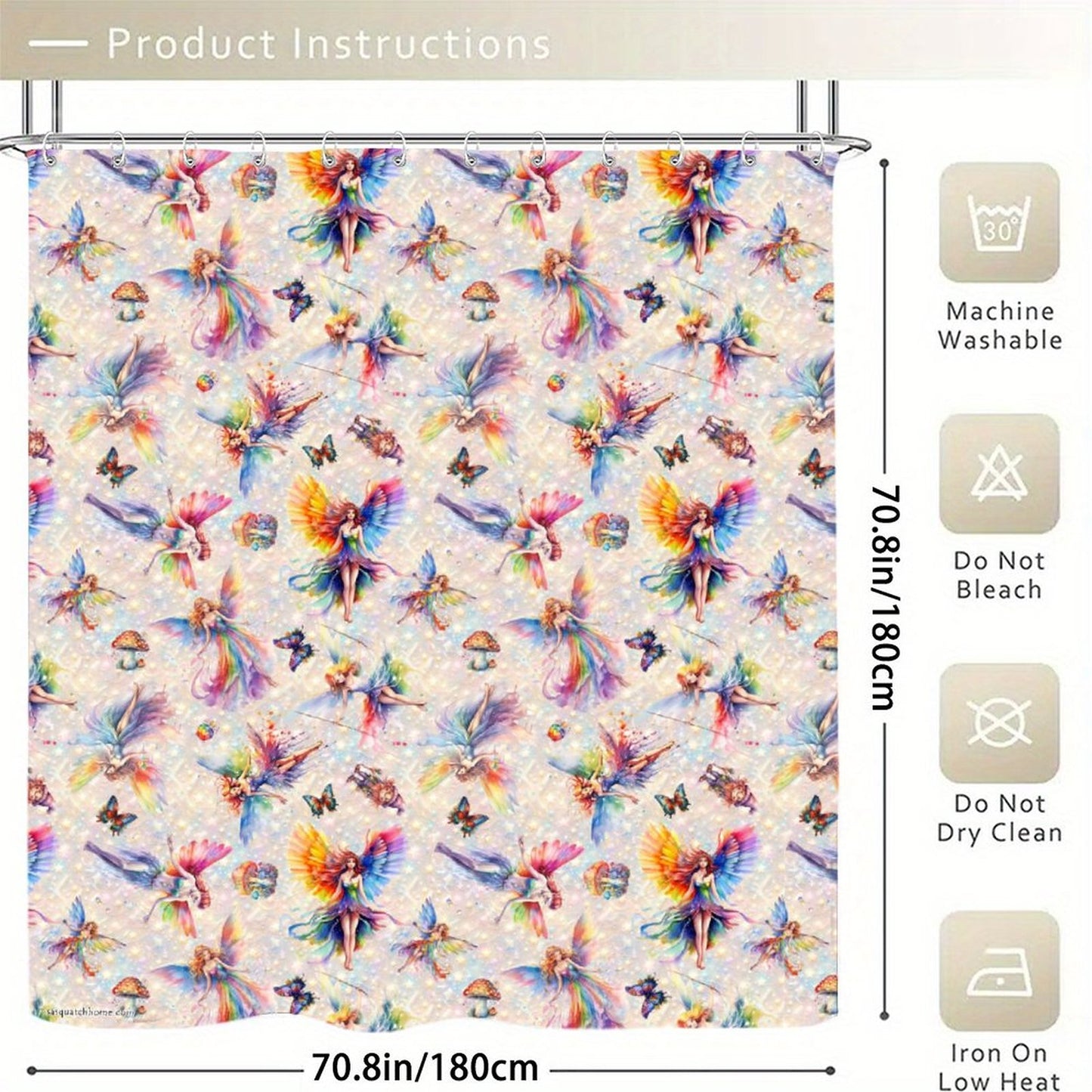 6 Fairy Designs, Waterproof Polyester Shower Curtain – Made in the USA – 70.8x70.8”