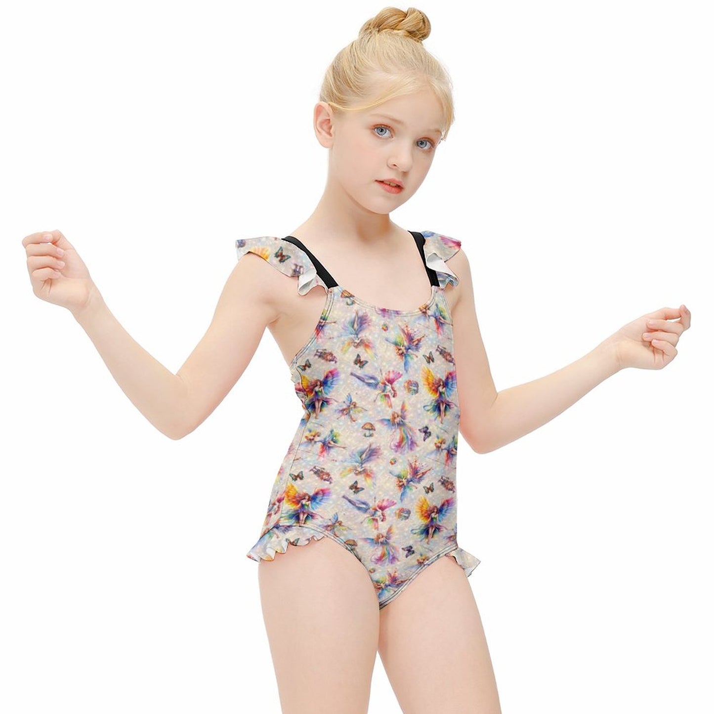 6 Fairy Designs, Girls One-Piece Summer Swimsuit, Ruffle Shoulder