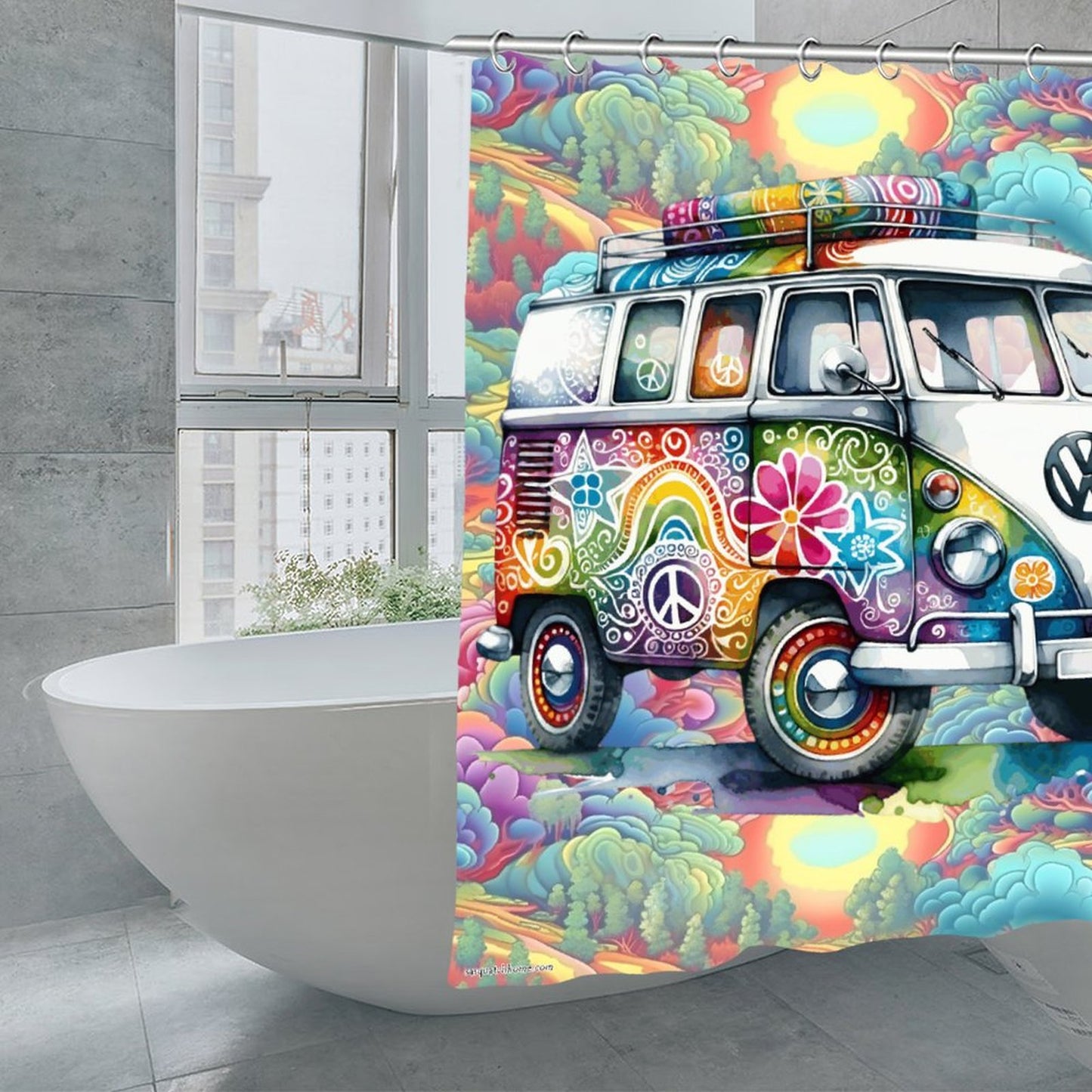 Hippie Bus, Waterproof Polyester Shower Curtain – Made in the USA – 70.8x70.8”