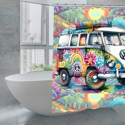 Hippie Bus, Waterproof Polyester Shower Curtain – Made in the USA – 70.8x70.8”