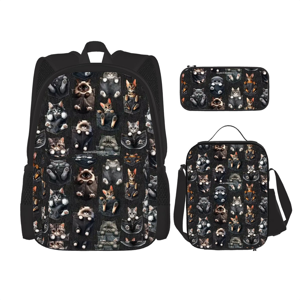 Kittens in Pockets, 3 Piece Bag Set – Oxford Backpack, Lunch Bag, Pencil Pouch