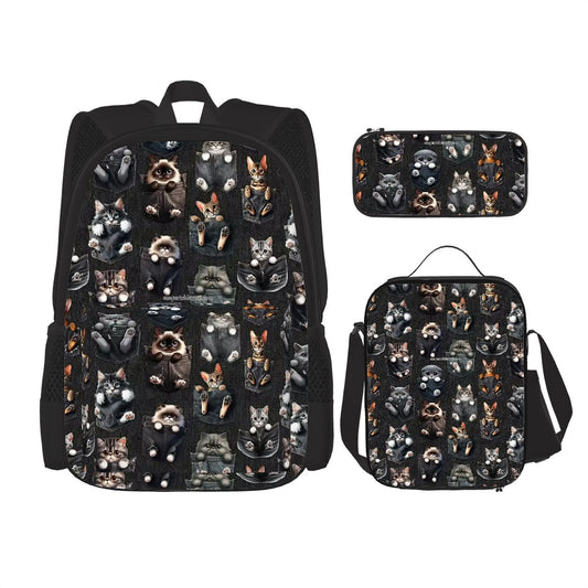 Kittens in Pockets, 3 Piece Bag Set – Oxford Backpack, Lunch Bag, Pencil Pouch