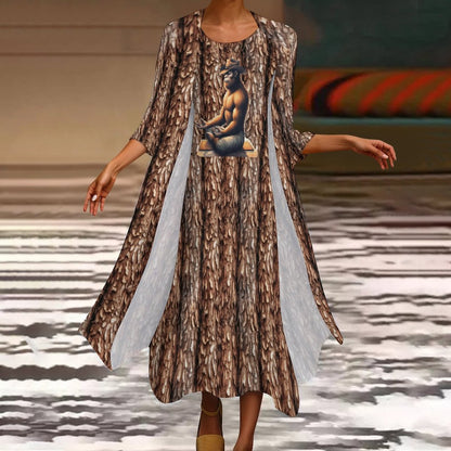 Yoga Cowboy Bigfoot Sasquatch, Women’s Long Dress with Cardigan