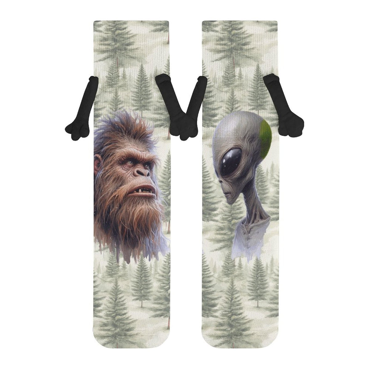 Alien Sasquatch stare down Magnetic Holding Hands Funny Socks (All-Over Printing)