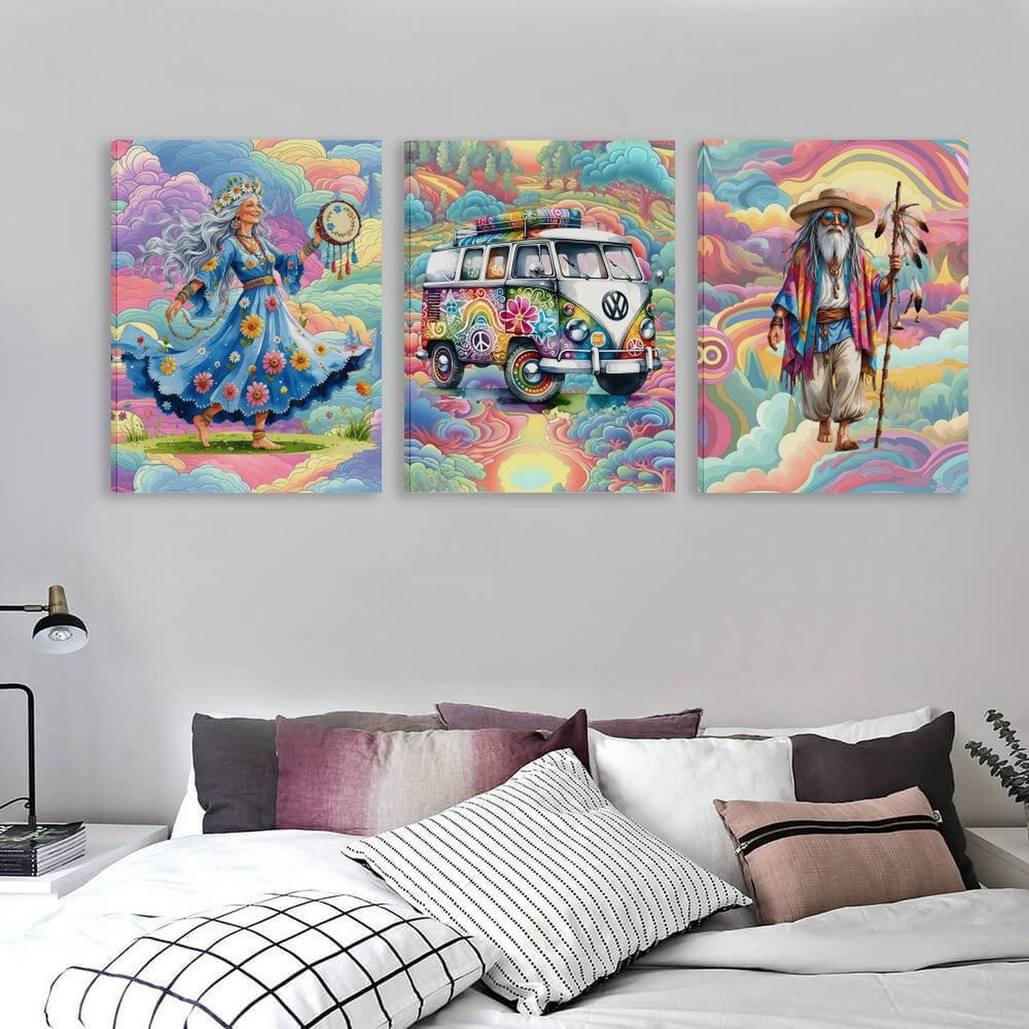 Groovy Hippies, Canvas Wall Art - 12”x 16” or 18”x24” (x 3) - Made In USA