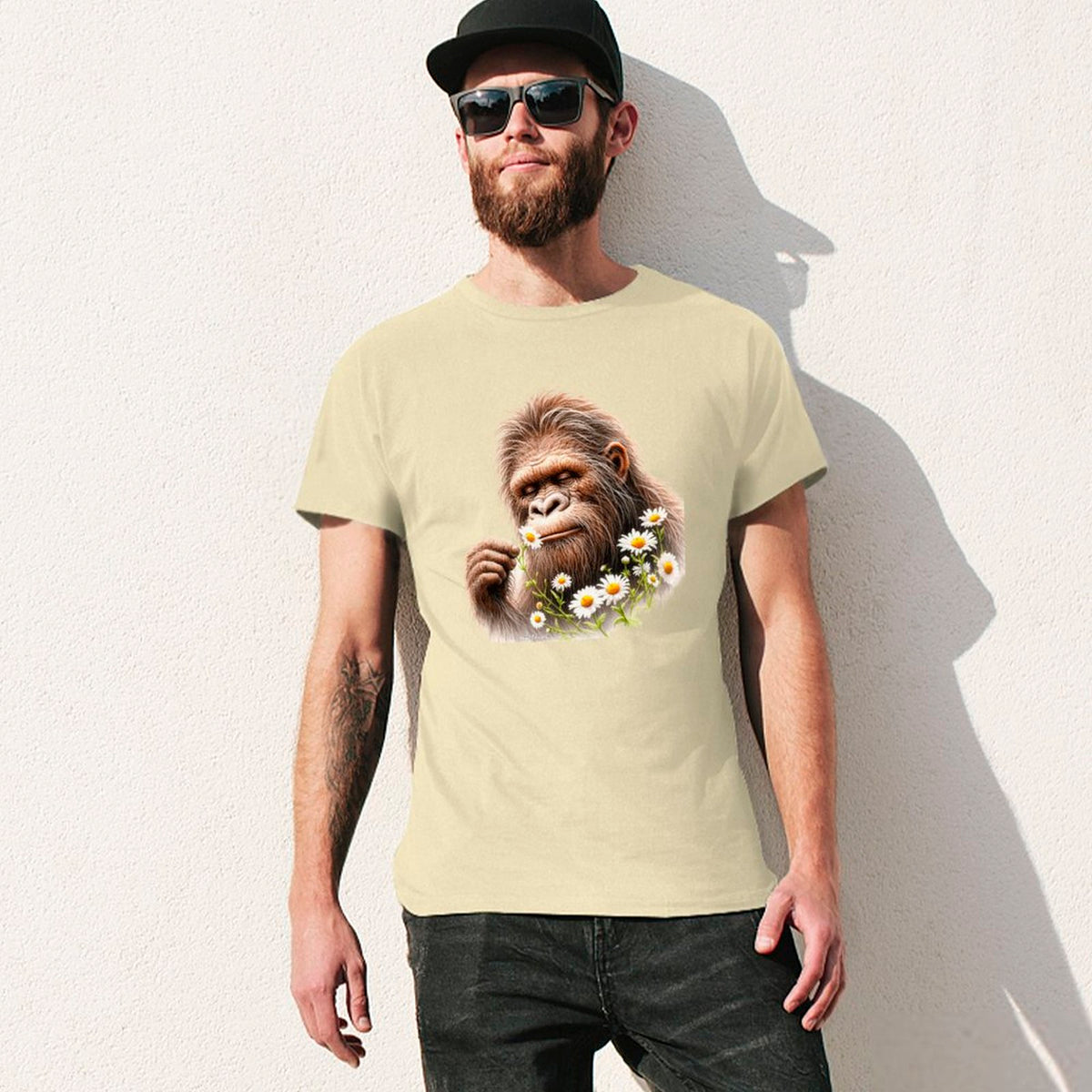 Bigfoot, Sasquatch, Daisies, Short Sleeve Cotton T-shirt