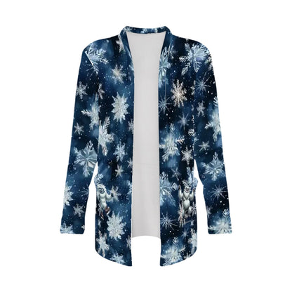 Blue back Snowflakes, Women's Long-Sleeved Cardigan