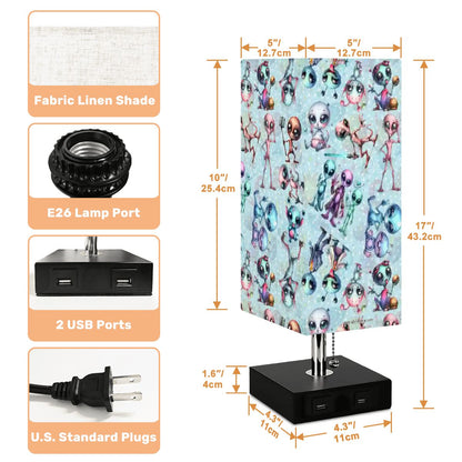 6 Alien Designs, Square Table Lamp with USB Ports, Charger