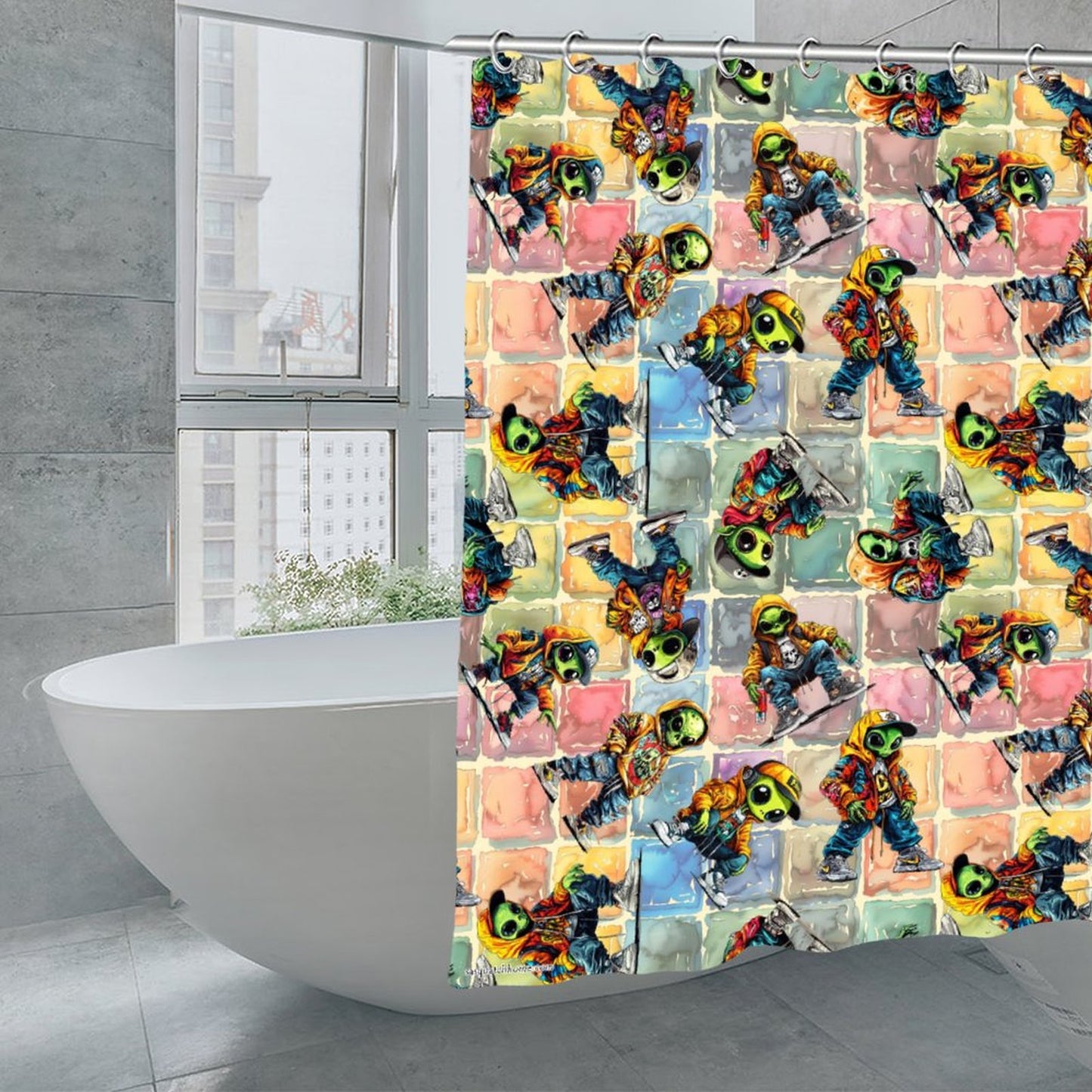 6 Alien Designs, Waterproof Polyester Shower Curtain – Made in the USA – 70.8x70.8”