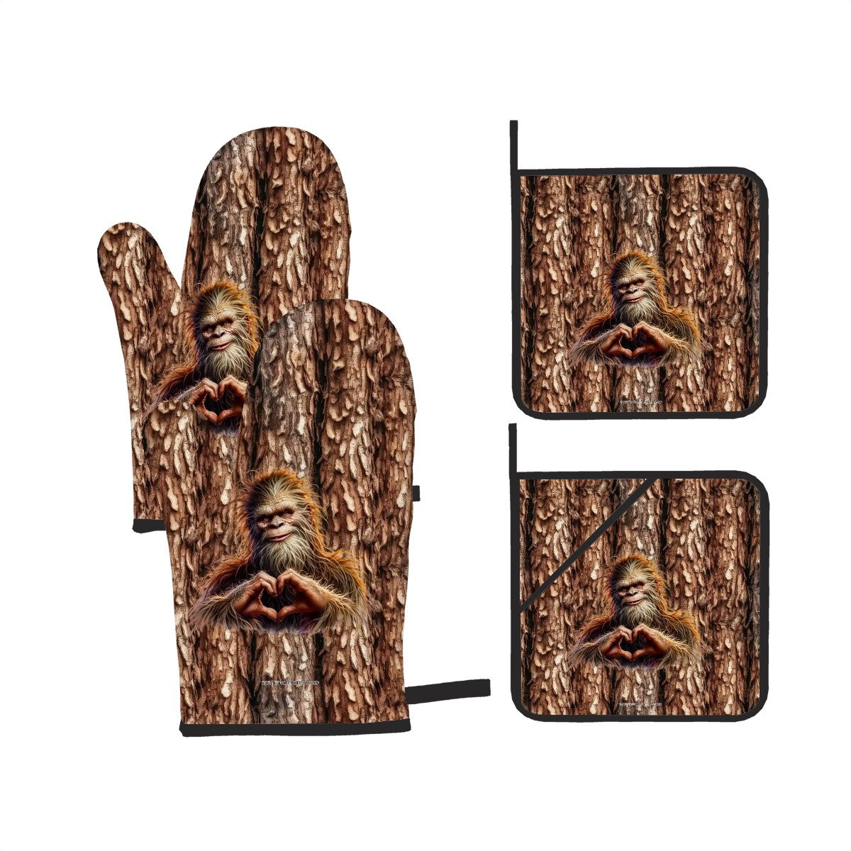 Bigfoot Sasquatch Heart Hands, Set of 4 Oven Mitts / Hot Pads
