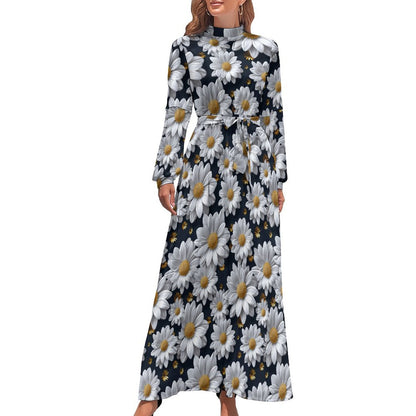 10 Flower Designs Women’s Polyester Turtle Neck Long Dress