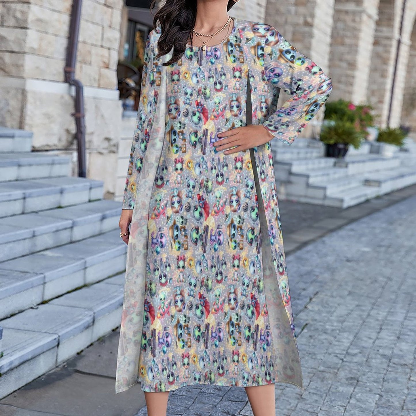 6 Alien Designs, Women’s Long Dress with Cardigan