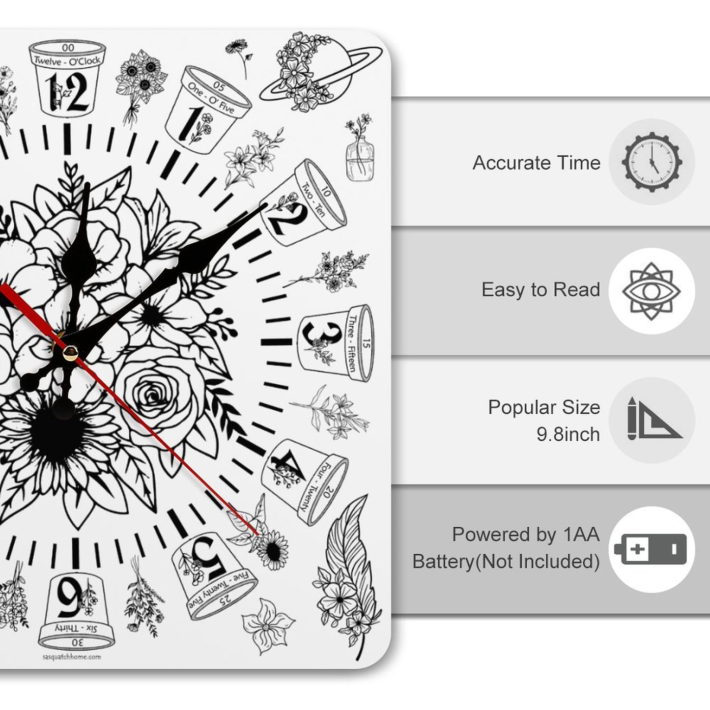 Flowers Square Wall Clock- Made in USA