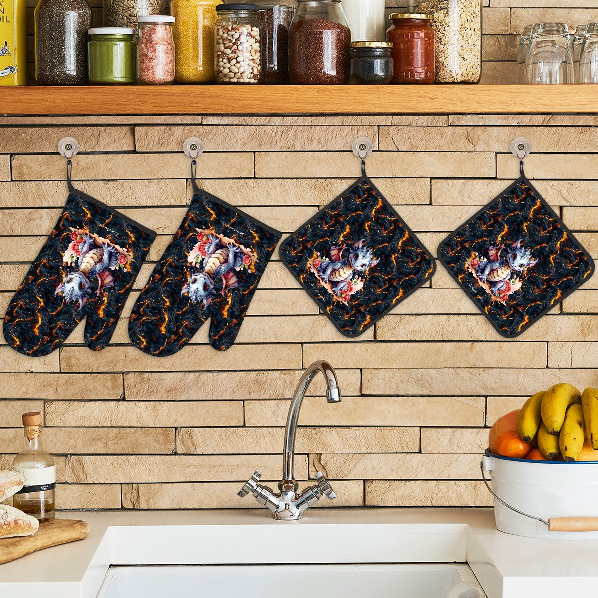 Baby Dragon, 4 Piece Oven Mitts / Pot Holder Sets
