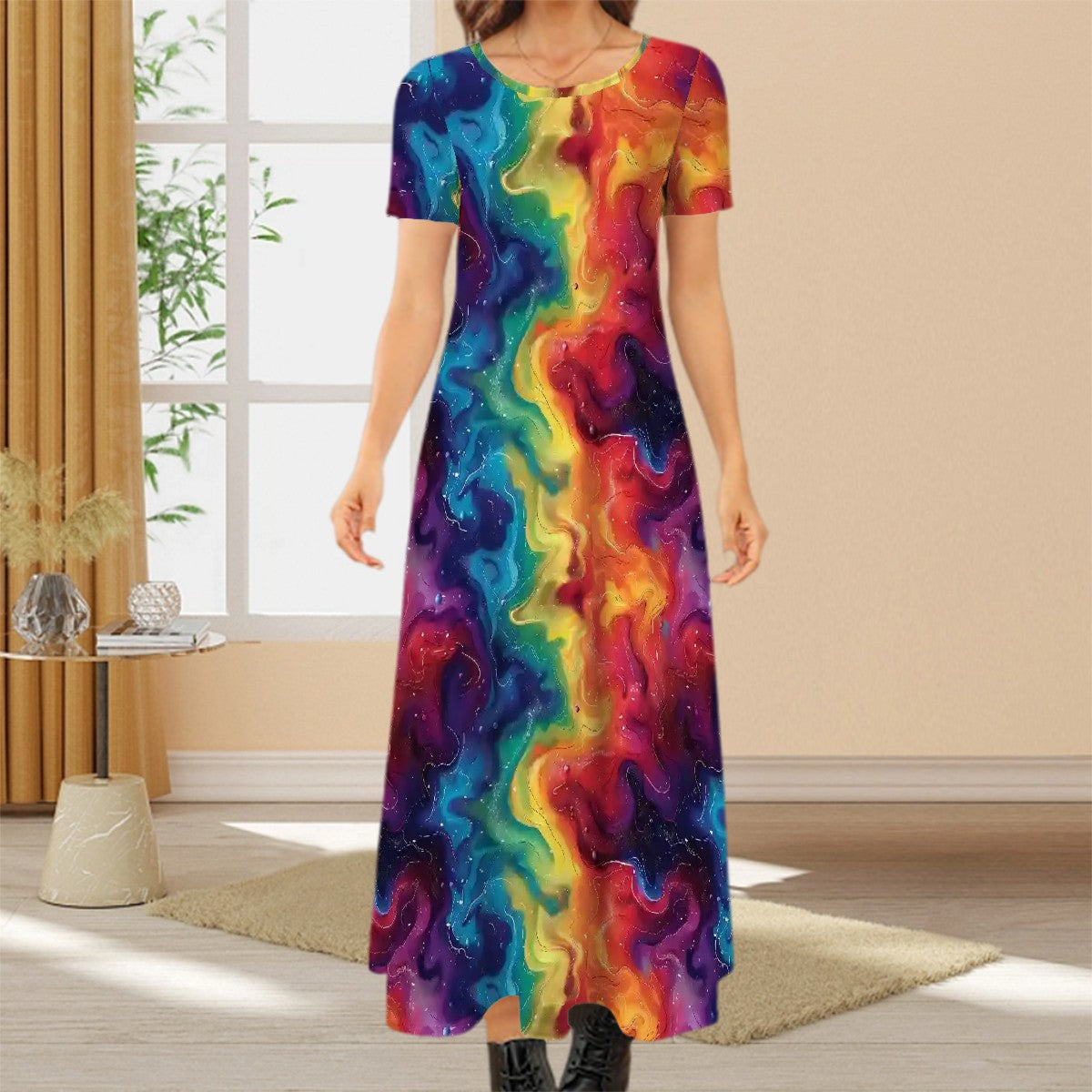 Rainbow Swirl Crew Neck Short Sleeve Maxi Dress