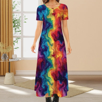 Rainbow Swirl Crew Neck Short Sleeve Maxi Dress