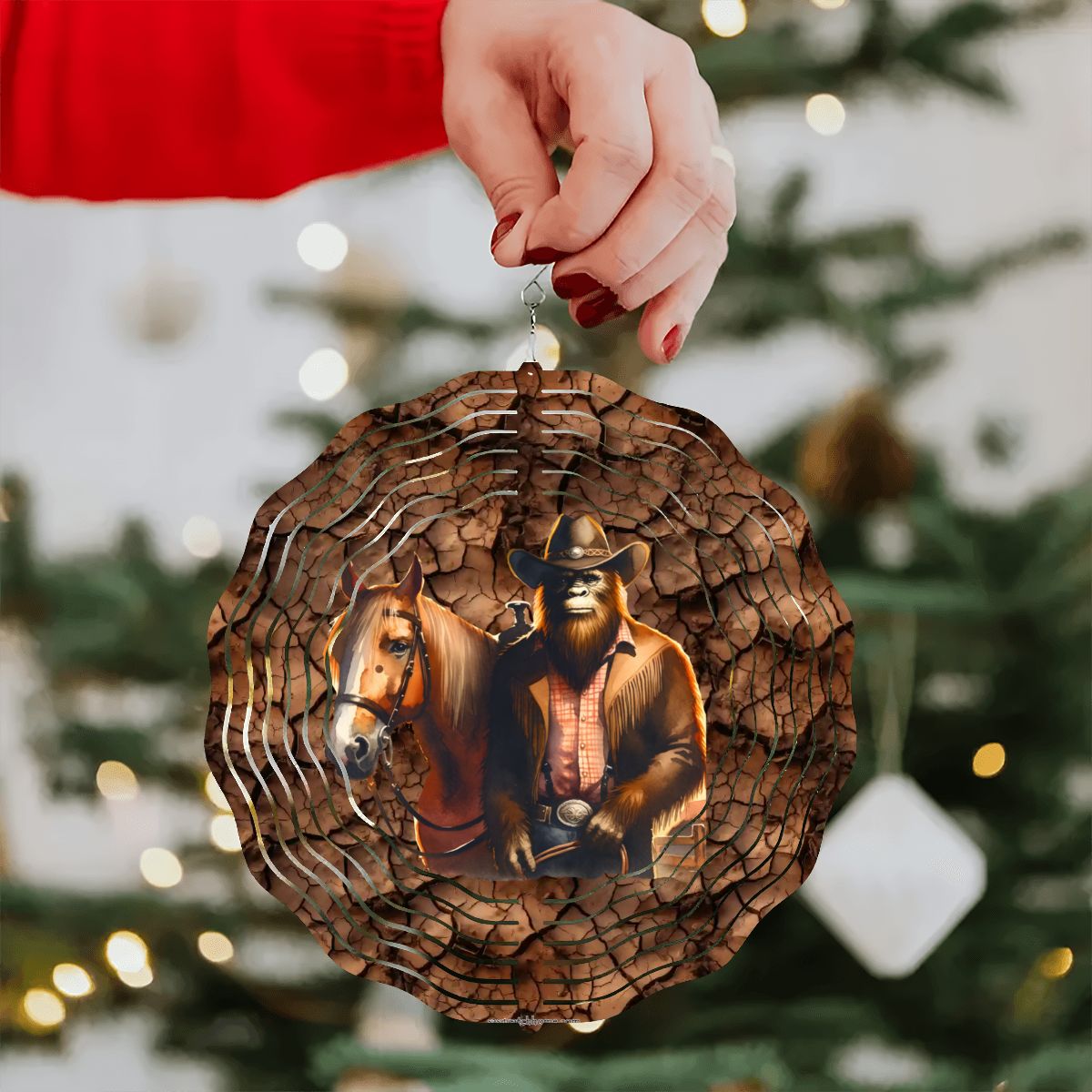 Bigfoot Sasquatch Cowboy, US Made Hanging Metal 3D Wind Spinner, Ornament - MADE IN USA