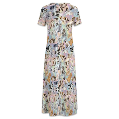 10 Animal Designs, Crew Neck Short Sleeve Maxi Dress