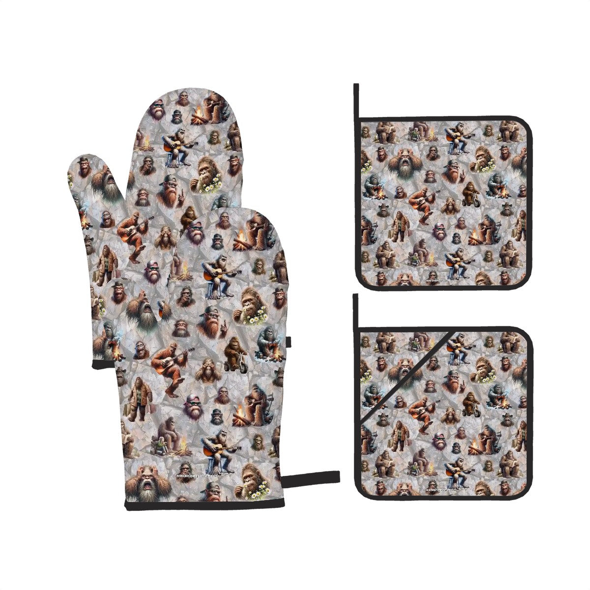 19 Bigfoot Sasquatch Designs- 4 Piece Oven Mitts /Designs Pot Holder Set