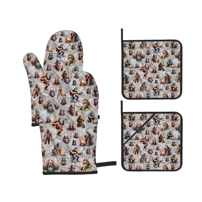 19 Bigfoot Sasquatch Designs- 4 Piece Oven Mitts /Designs Pot Holder Set