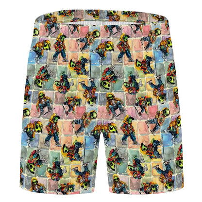6 Alien Designs, Men’s Polyester, pocketed, pajama Shorts