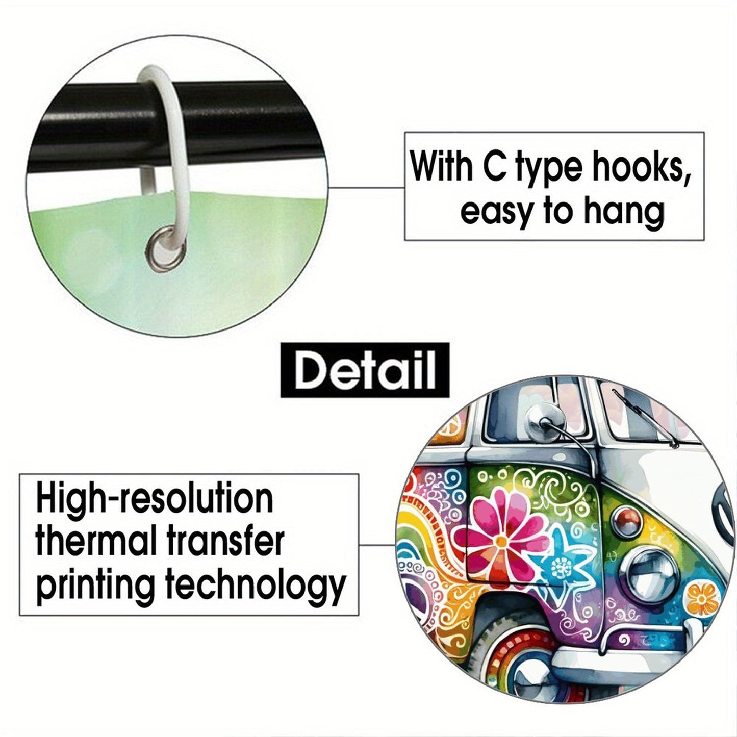 Hippie Bus, Waterproof Polyester Shower Curtain – Made in the USA – 70.8x70.8”
