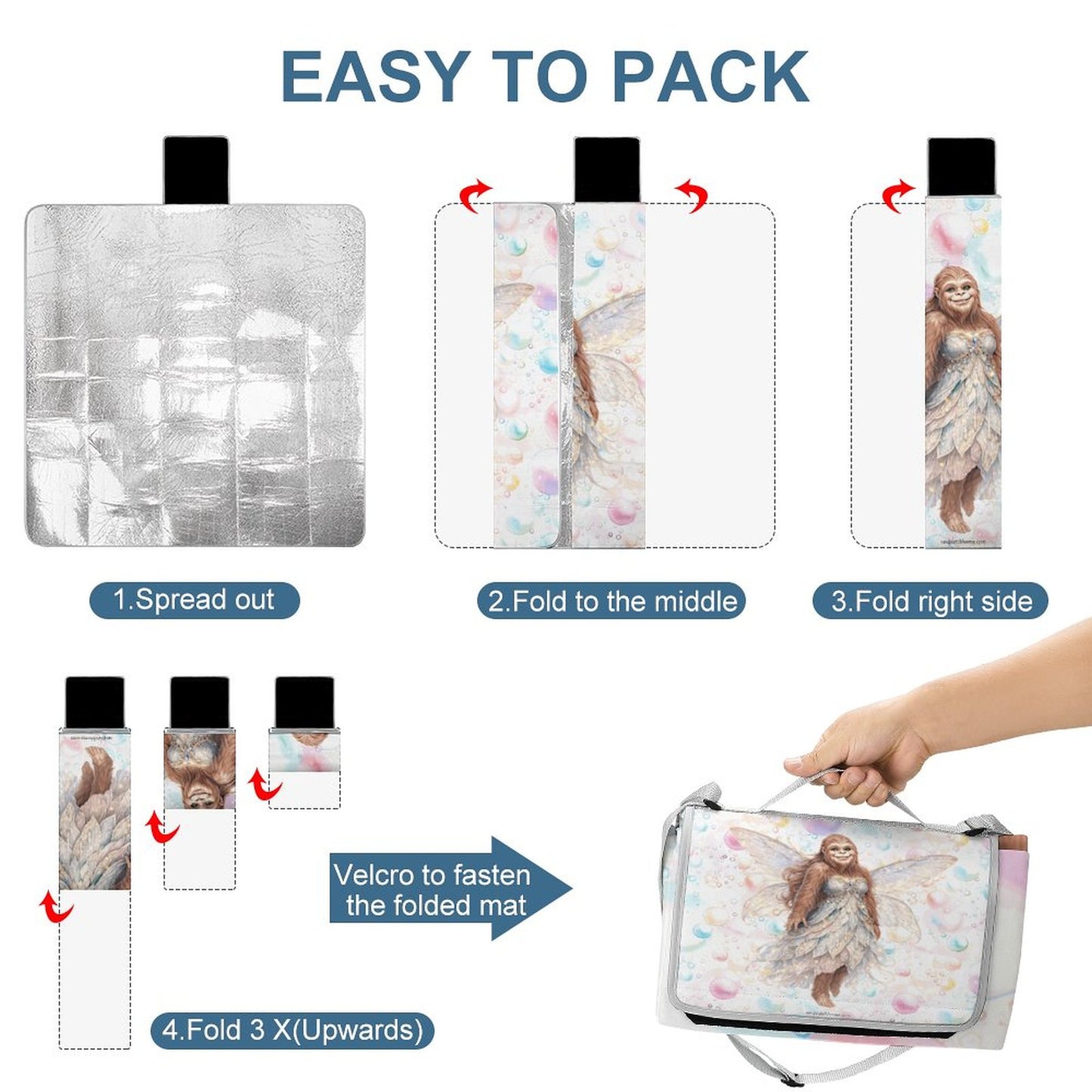 Foldable Zipper Picnic Mat- Blanket 58”x58” w/ Carry Straps