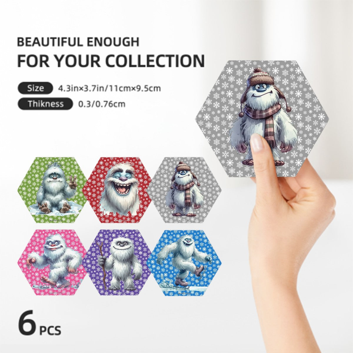Yeti Themed, 6 Ceramic Coasters w metal stand