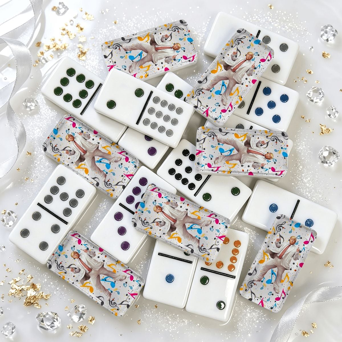 Donald Trump Dancing Double 12 Mexican Train Dominoes Set
