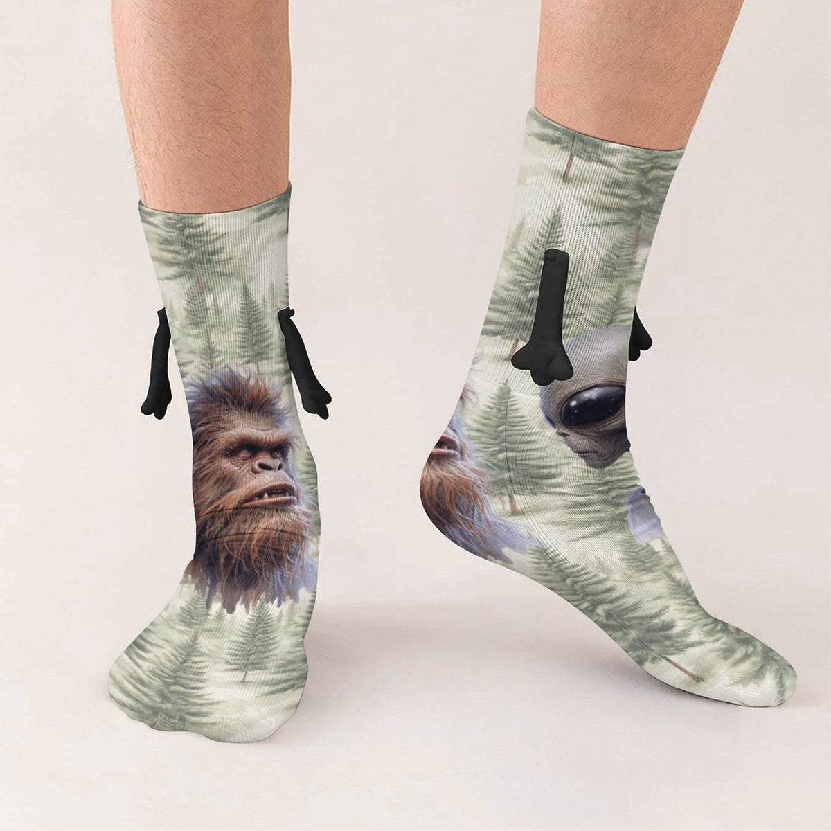 Alien Sasquatch stare down Magnetic Holding Hands Funny Socks (All-Over Printing)