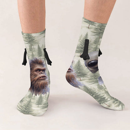 Alien Sasquatch stare down Magnetic Holding Hands Funny Socks (All-Over Printing)