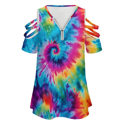 19 Tie Dye Designs, Women's Zipper T-Shirts, cold shoulder shirt