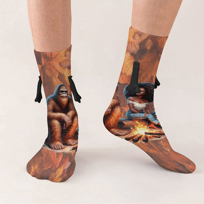 Camping Squatch and Friend Magnetic Holding Hands Funny Socks (All-Over Printing)