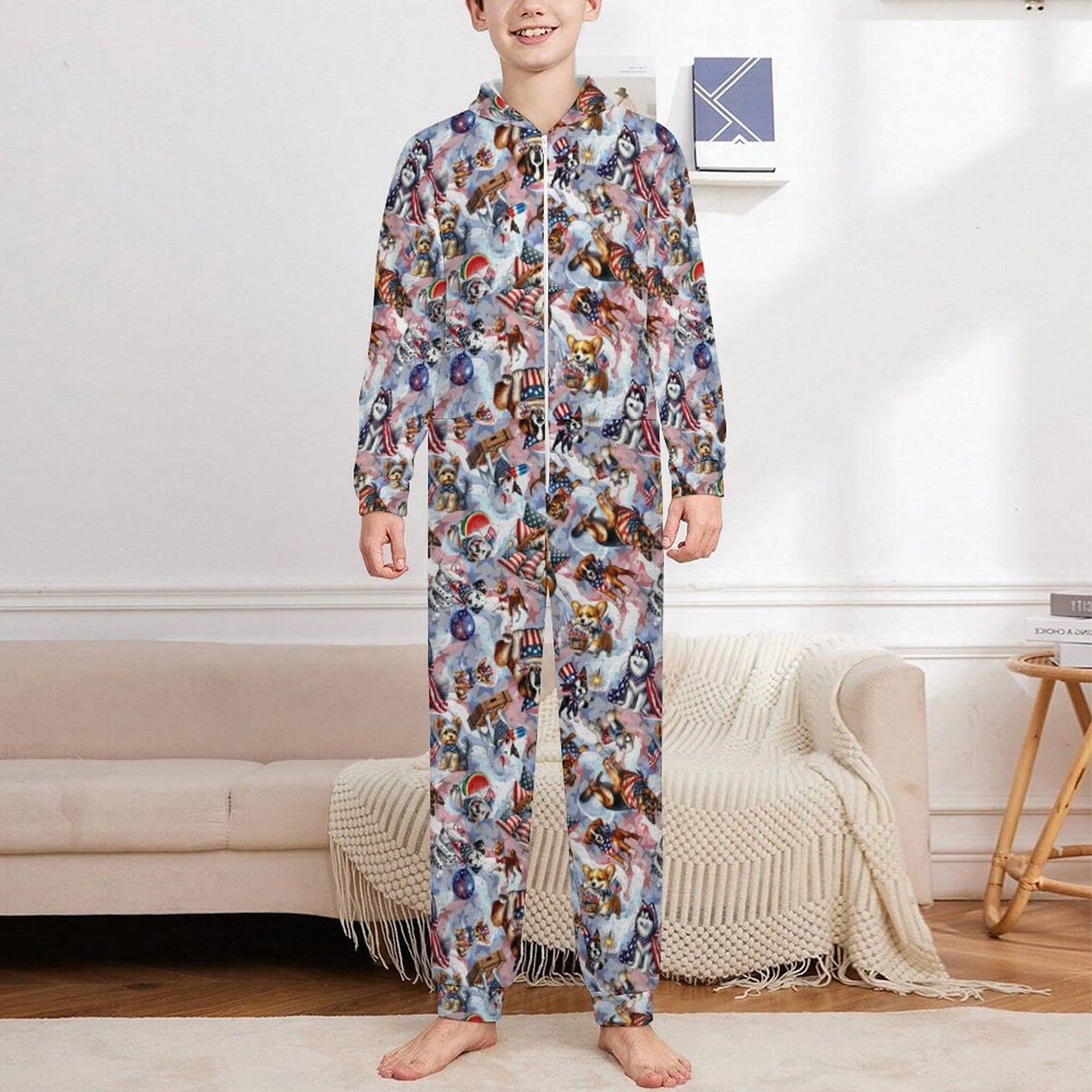 8 Patriot Designs, Youth Flannel Footless Zip up Pajama Jumpsuit