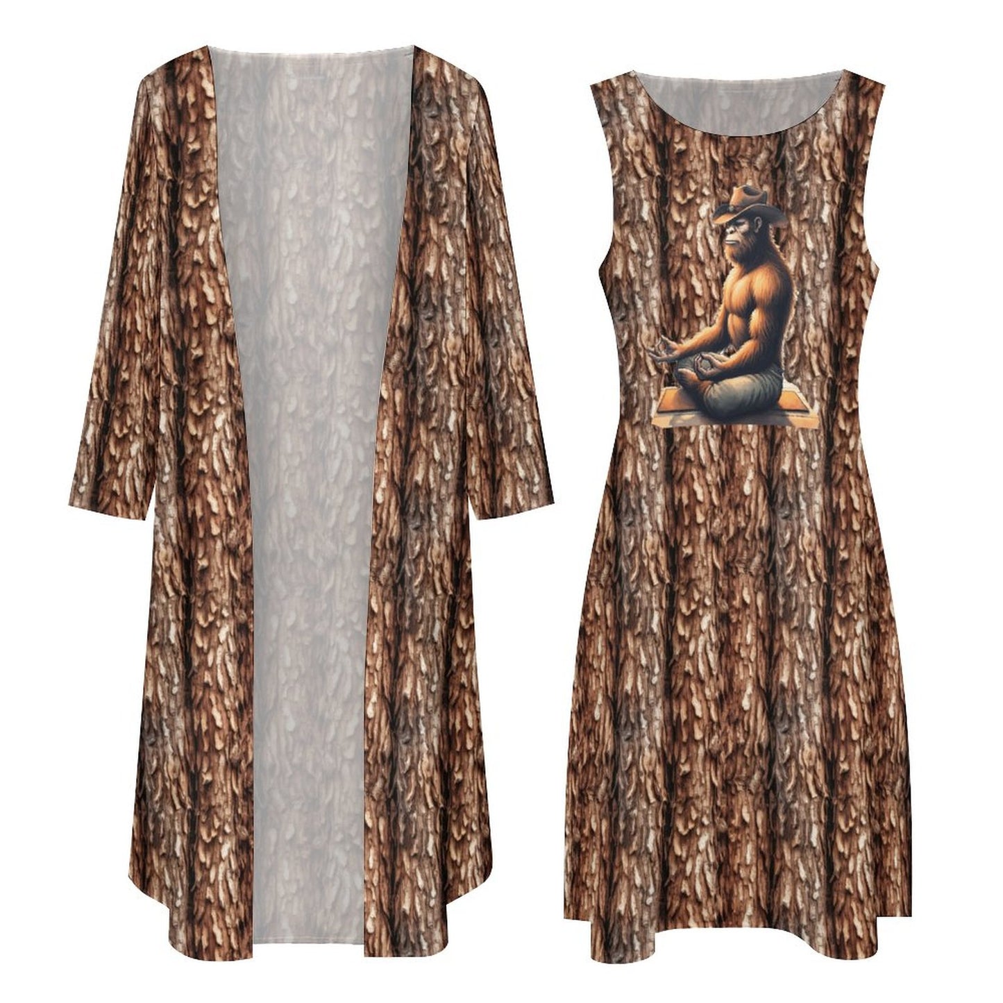 Yoga Cowboy Bigfoot Sasquatch, Women’s Long Dress with Cardigan