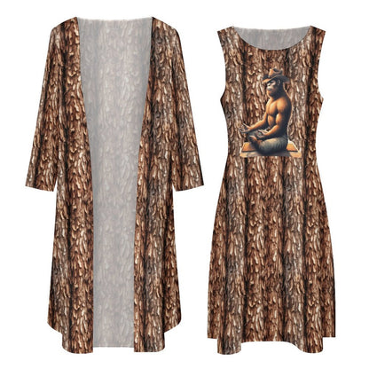 Yoga Cowboy Bigfoot Sasquatch, Women’s Long Dress with Cardigan