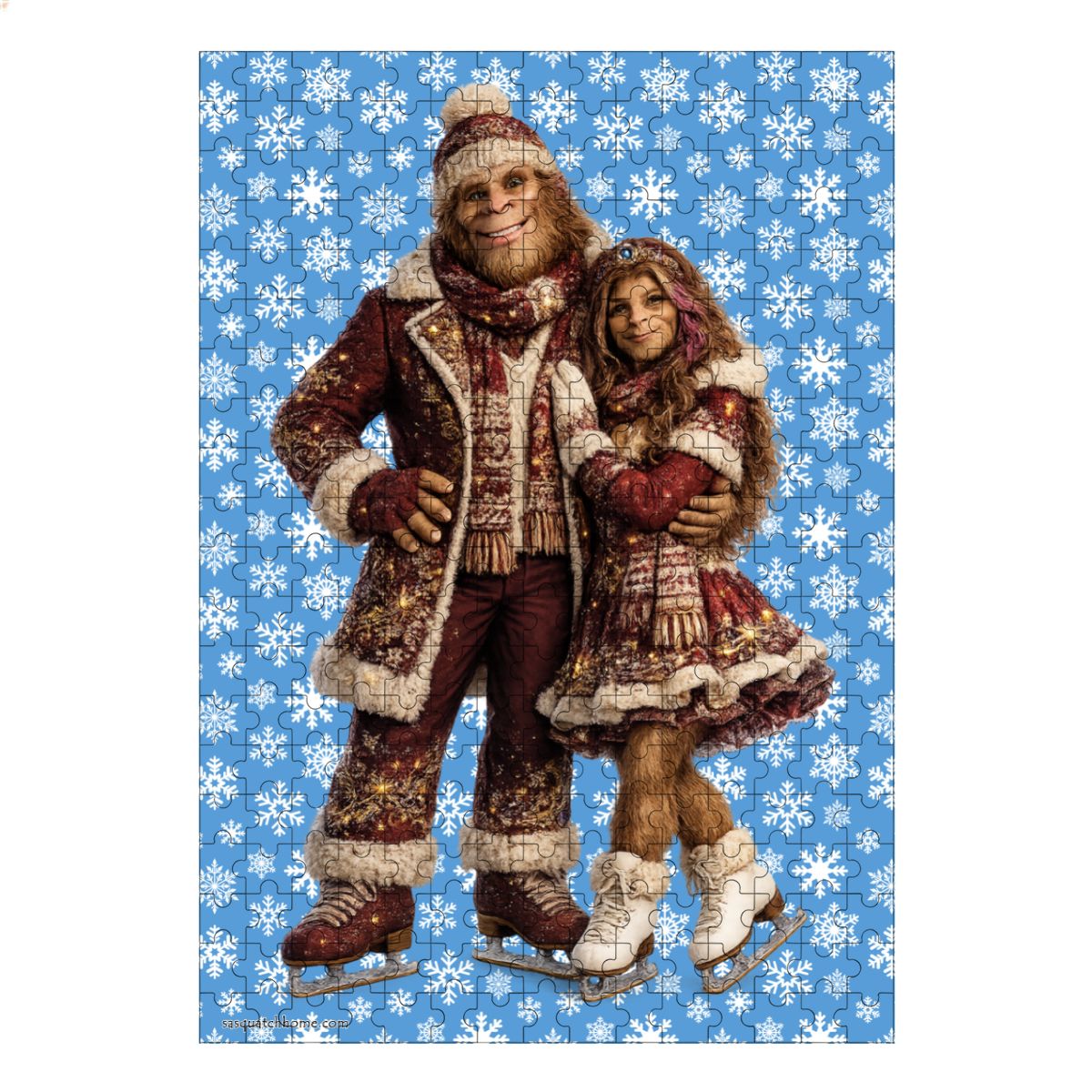 Sasquatch & Gal on Ice Skates 300pcs Wooden Vertical Jigsaw Puzzle