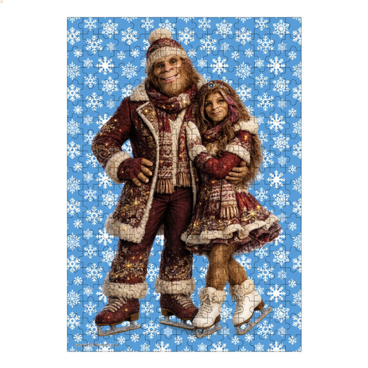 Sasquatch & Gal on Ice Skates 300pcs Wooden Vertical Jigsaw Puzzle