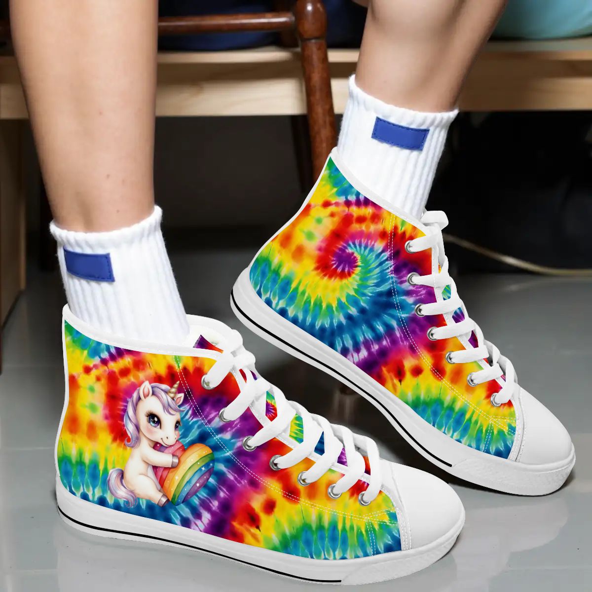 Unicorn on Tie Dye, Women’s High Top Canvas Shoes